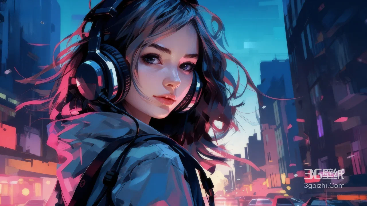 戴耳机少女赛博朋克城市夜景AI生成高清桌面背景1