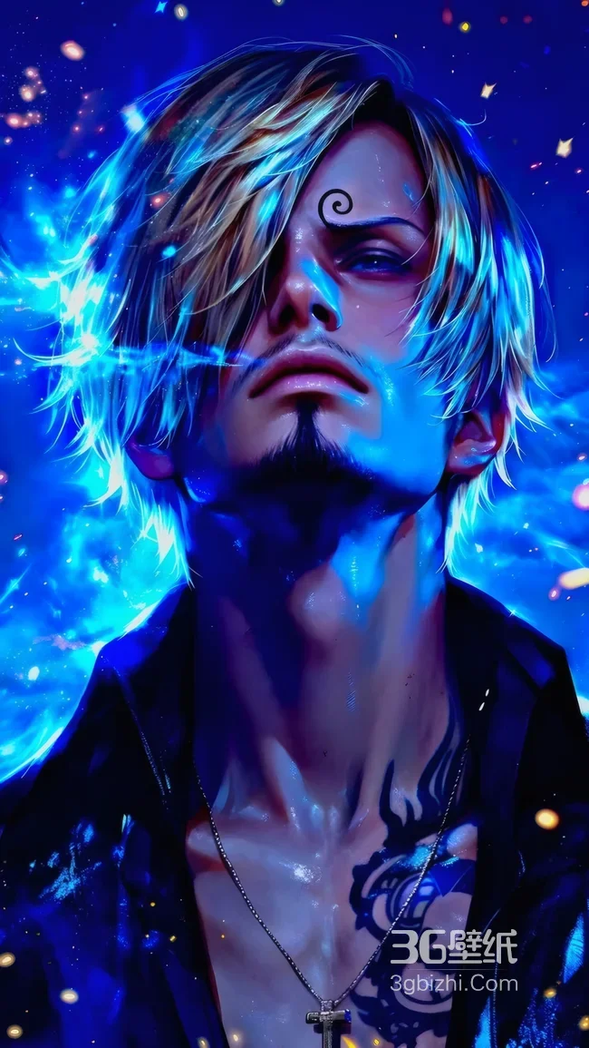 这是《海贼王》中的角色山治（香吉士） 龙纹身 蓝色星芒背景 高清炫酷动漫角色1