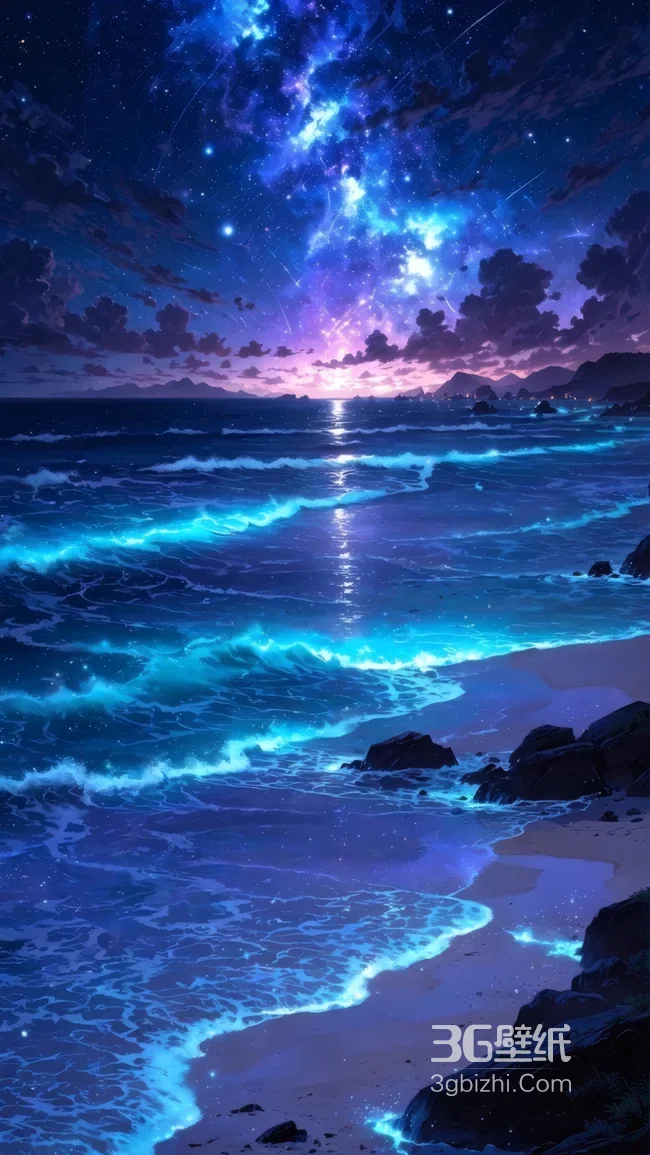 梦幻海边星空荧光海浪 浪漫夜景壁纸1