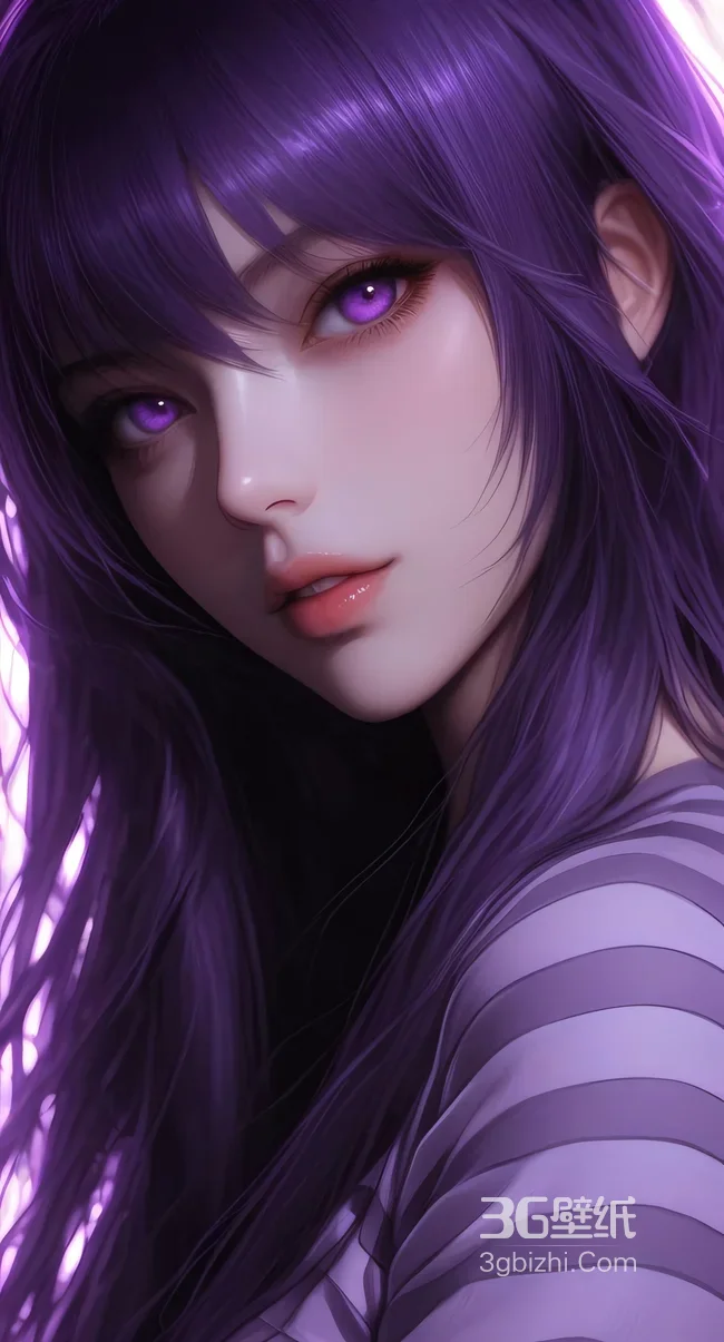 AI绘制紫发紫瞳少女 条纹衣梦幻二次元壁纸1