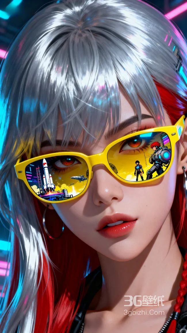 赛博朋克AI少女 银发红发改色黄墨镜科幻壁纸1