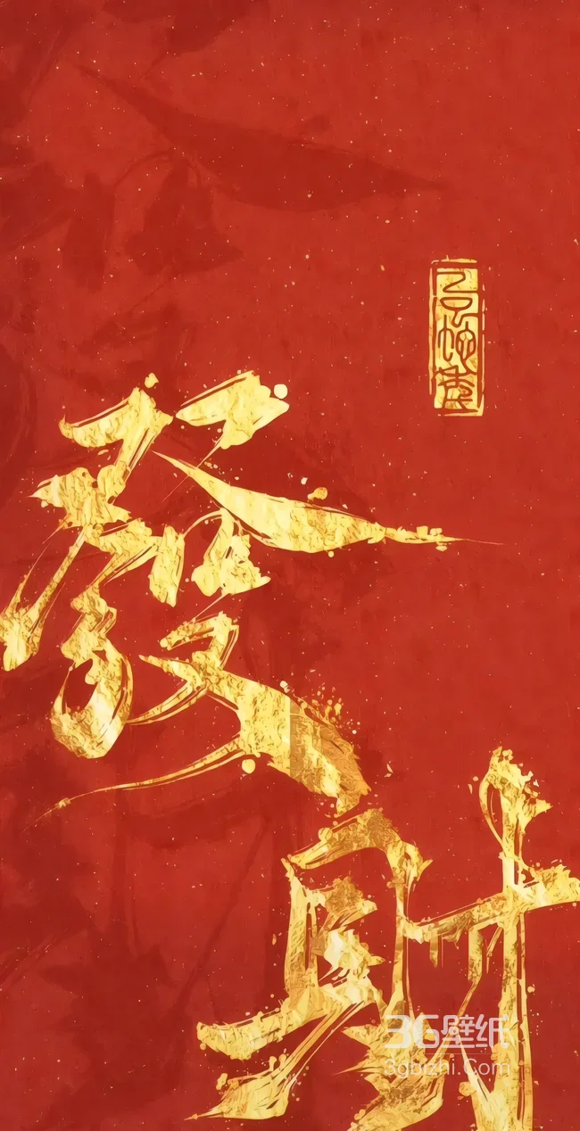 金色发财书法红底国风招财新年壁纸1