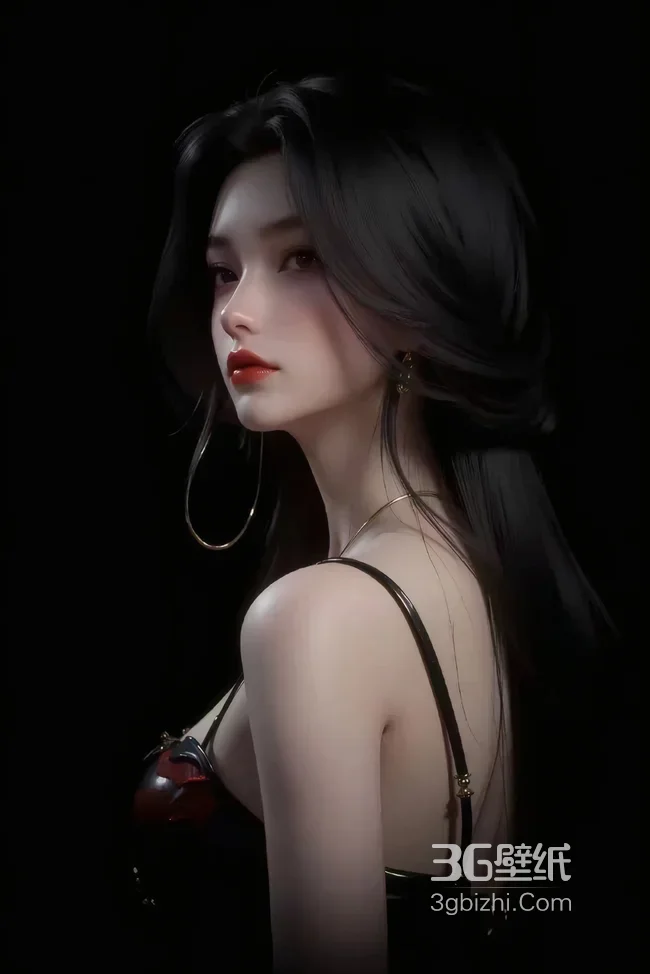 AI生成黑发红唇御姐 吊带装冷艳美女壁纸1