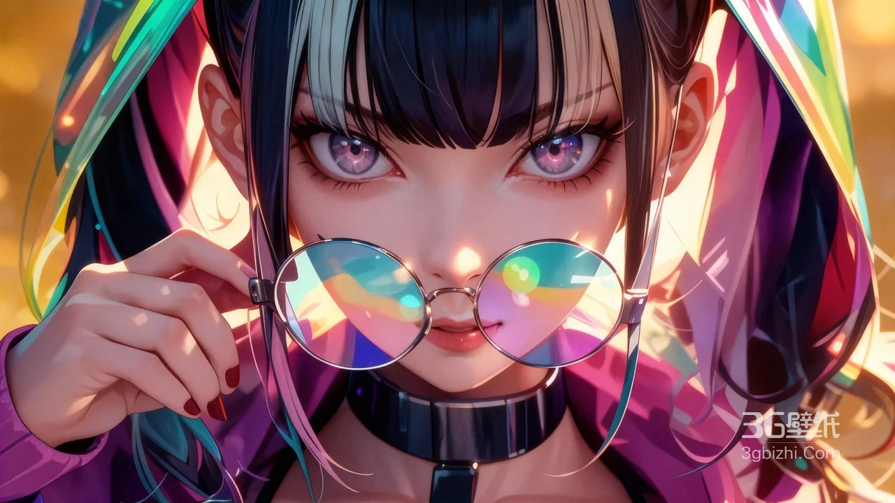 AI赛博朋克双马尾少女 炫彩眼镜潮流壁纸1