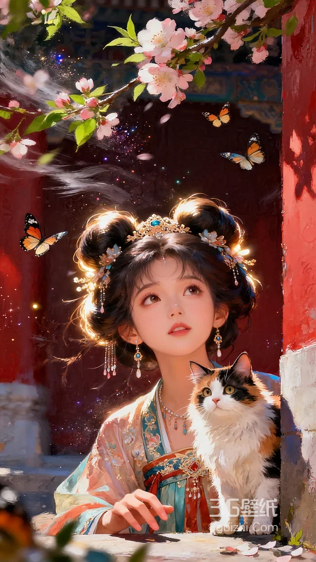 AI古风汉服少女红墙樱花蝴蝶三花猫壁纸1