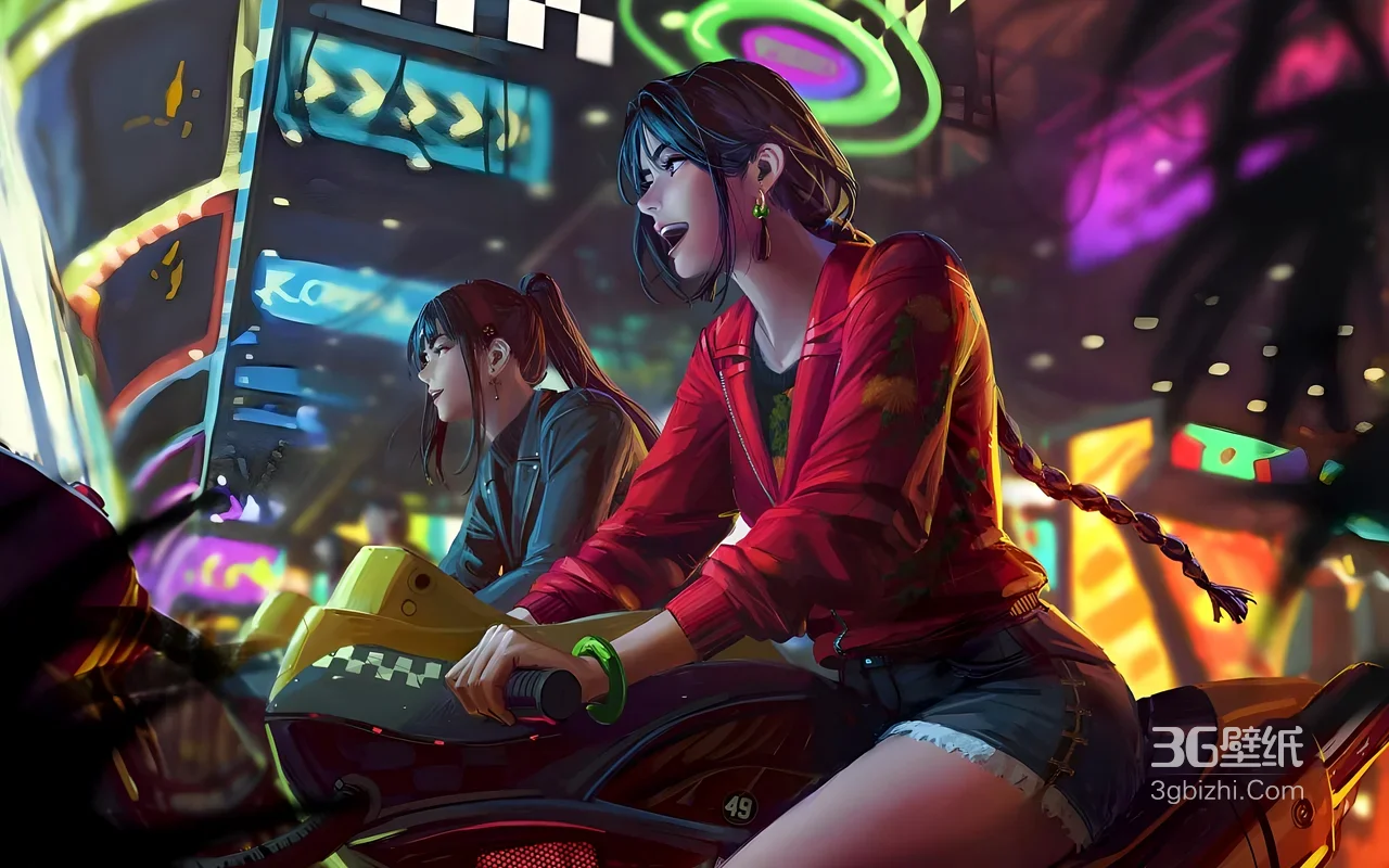 赛博朋克霓虹夜市双少女骑乘游乐设施壁纸 电玩风1