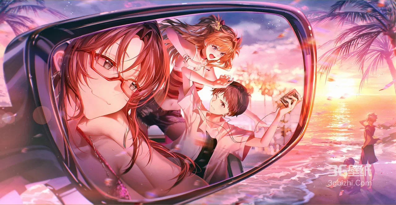 二次元动漫少女镜中互动 海滩夕阳夏日度假壁纸1