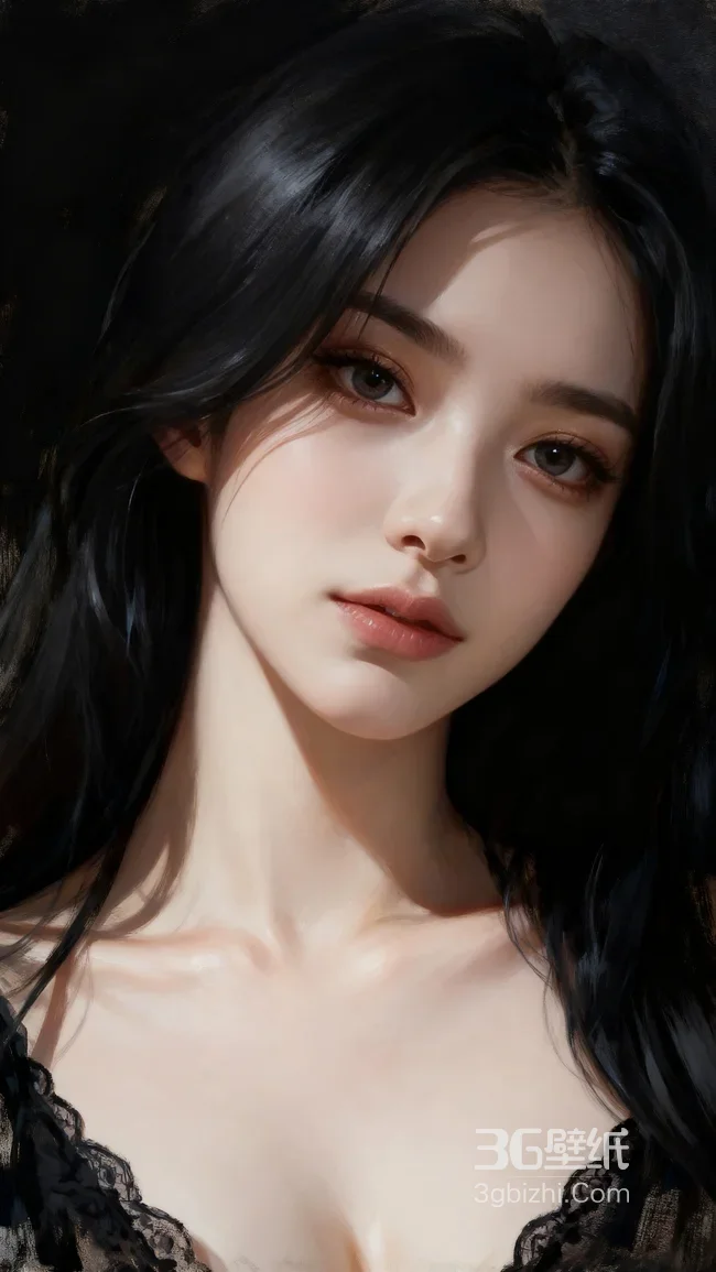 AI生成黑发精致美女 黑色蕾丝柔美风格壁纸1