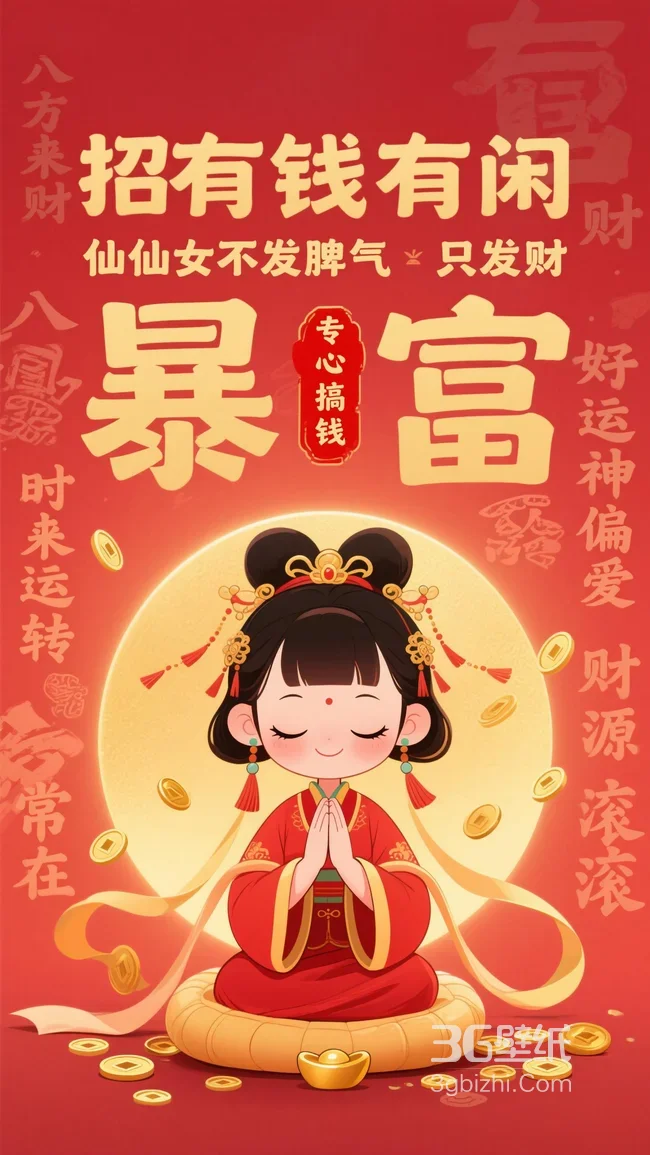 国潮仙仙女暴富招财壁纸 有钱有闲财源滚滚壁纸1