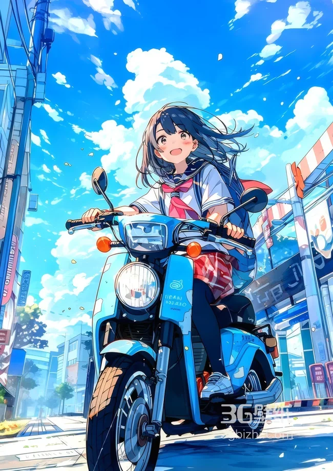 二次元JK少女骑蓝摩托城市街道蓝天壁纸1