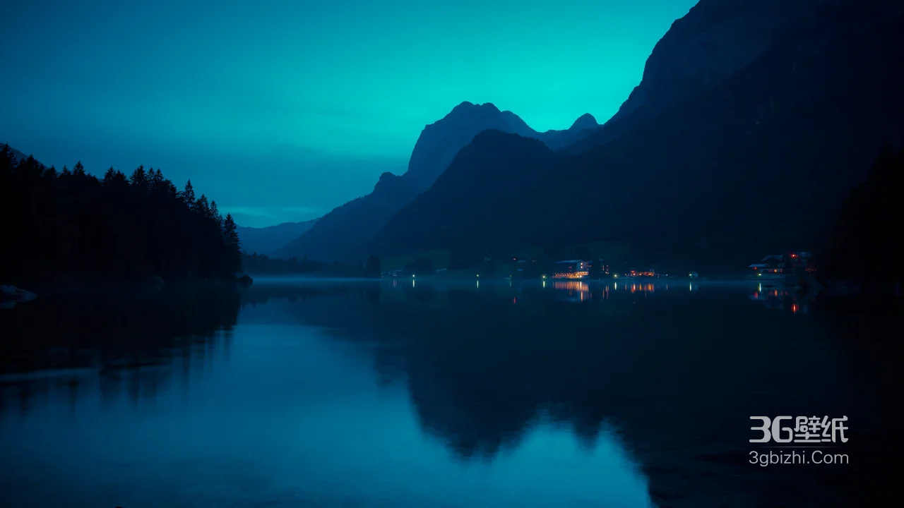 静谧山水湖泊夜景 湖面倒影远山灯火 高清自然风景桌面背景1