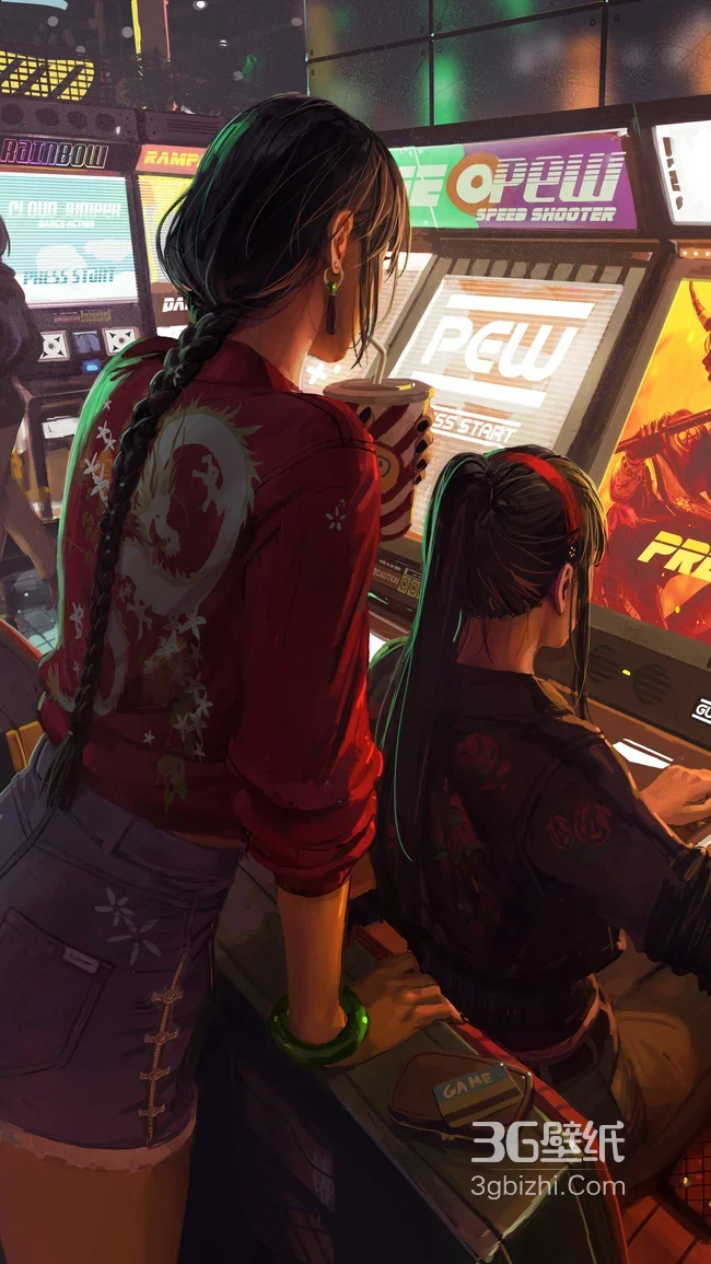 复古电玩城双少女玩街机 潮流街机厅场景壁纸1