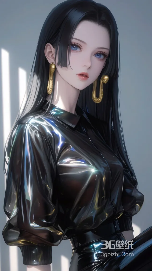 动漫黑长直御姐 蛇形金耳环漆皮装 高冷1