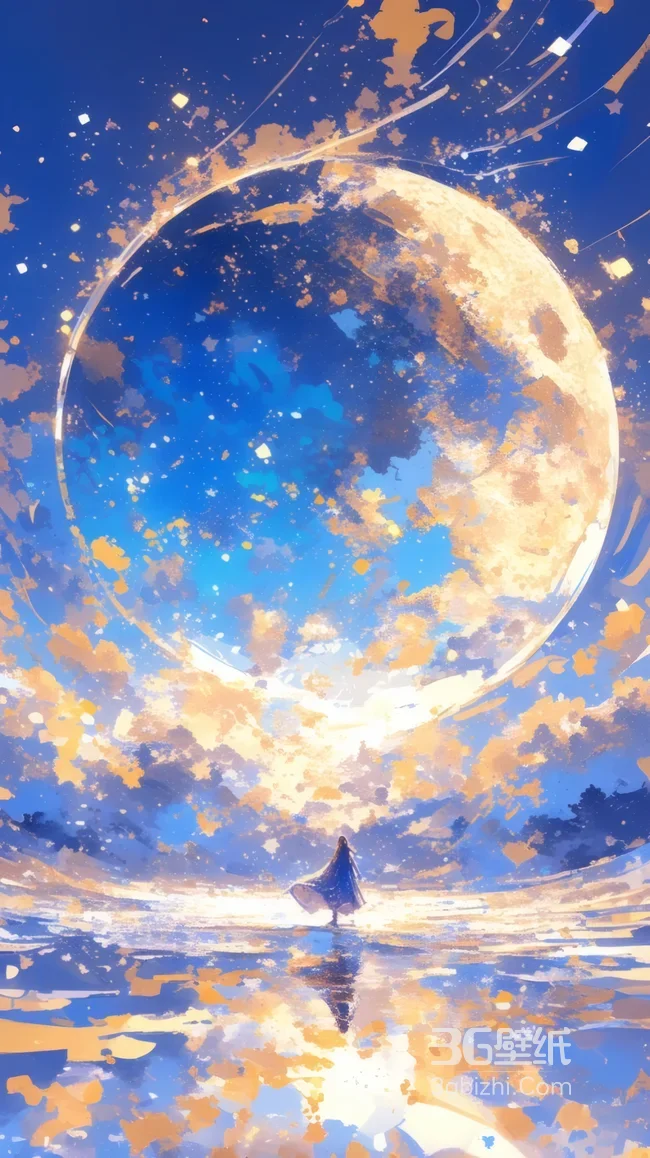 月夜独行者伴满月倒影 梦幻蓝黄系意境壁纸1