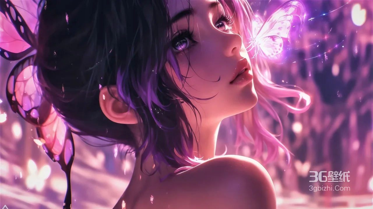 梦幻紫发蝴蝶少女 紫调光斑唯美壁纸1