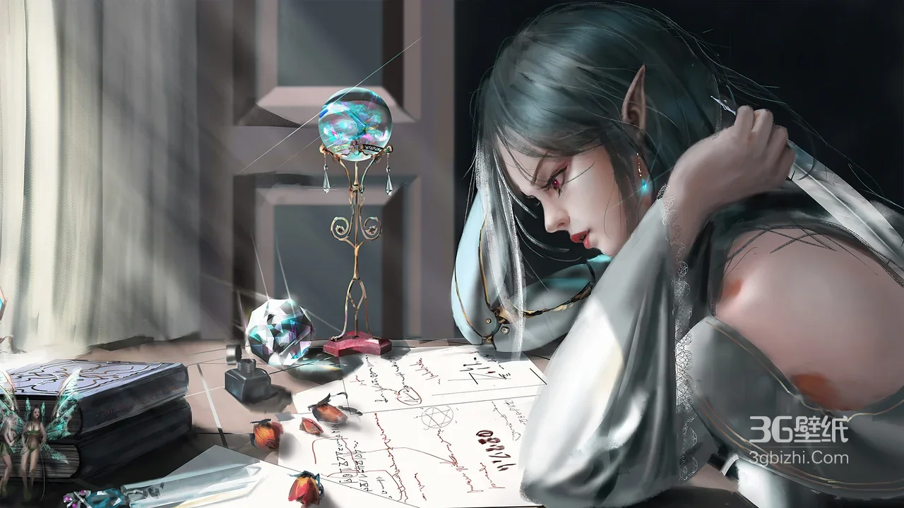 奇幻精灵少女桌前研魔法 魔法球图纸背景1