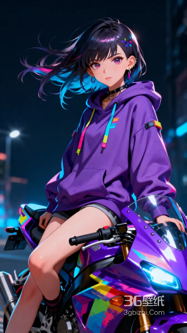 赛博朋克动漫少女坐紫色摩托 二次元机车壁纸1