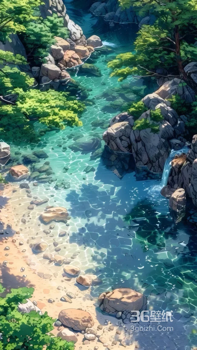 动漫风山间溪流绿树岩石治愈风景壁纸 自然场景1