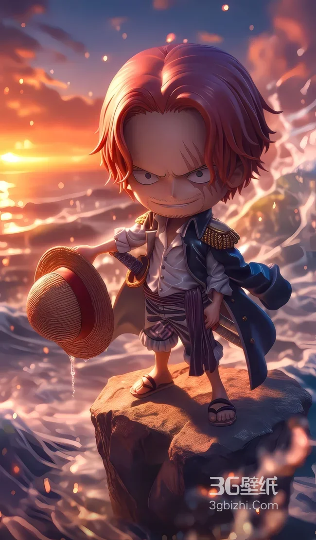 Q版海贼王红发香克斯 夕阳海浪礁石动漫壁纸1