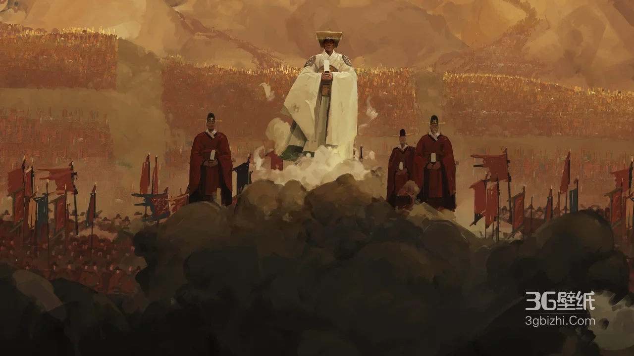 古风国漫帝王统帅 红衣侍从战场旌旗壁纸1