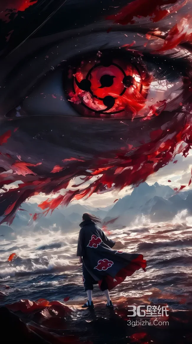 火影忍者宇智波鼬晓袍写轮眼海浪壁纸1