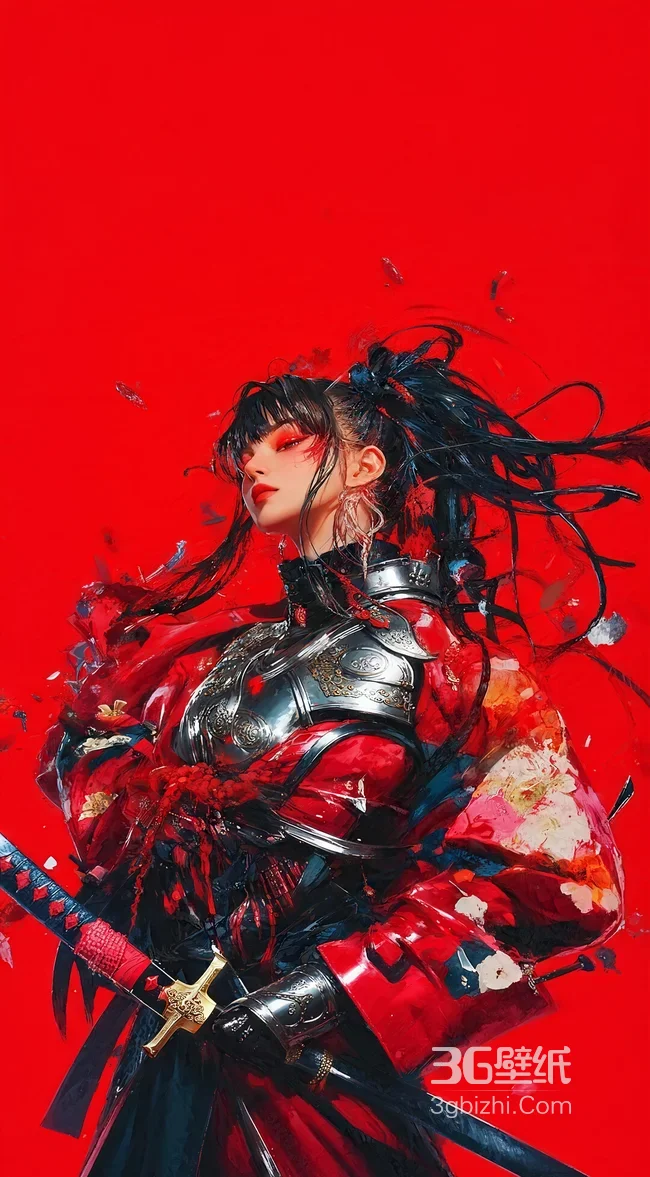 古风红甲女武士持武士刀 国风热血壁纸1