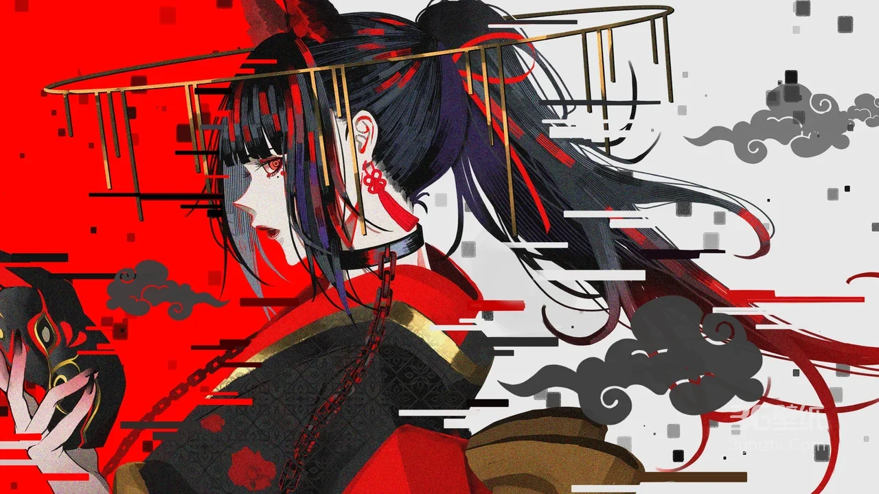 和风暗黑巫女风少女壁纸 日式面具红黑古风背景1