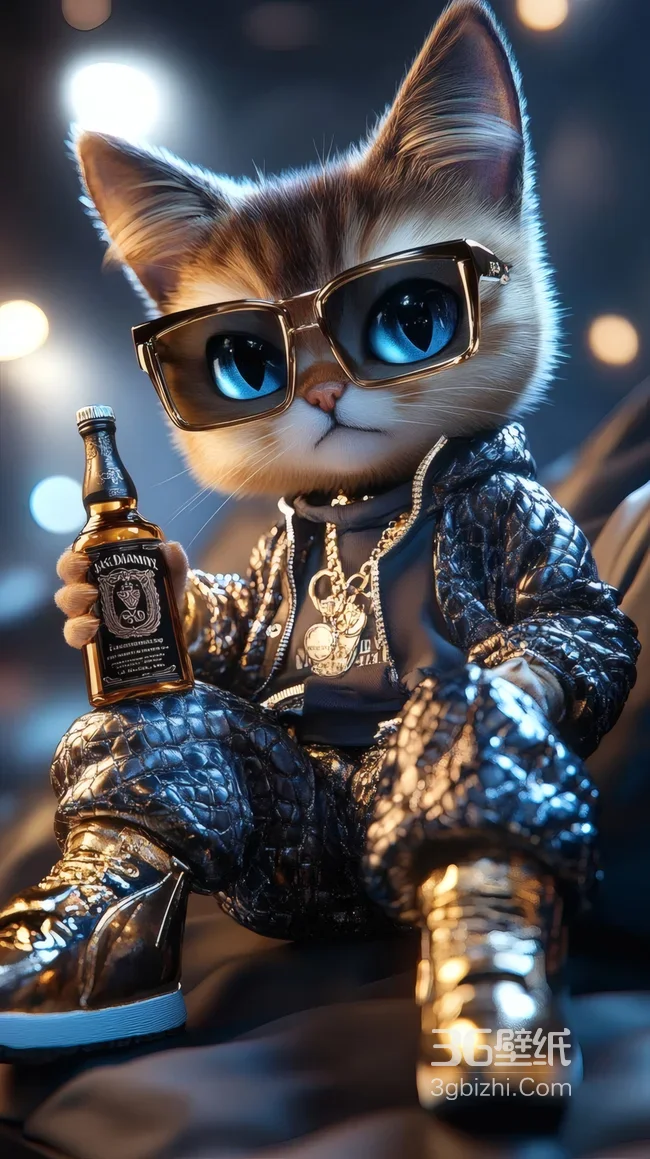 潮酷嘻哈AI猫咪 墨镜潮服拿酒潮流壁纸1
