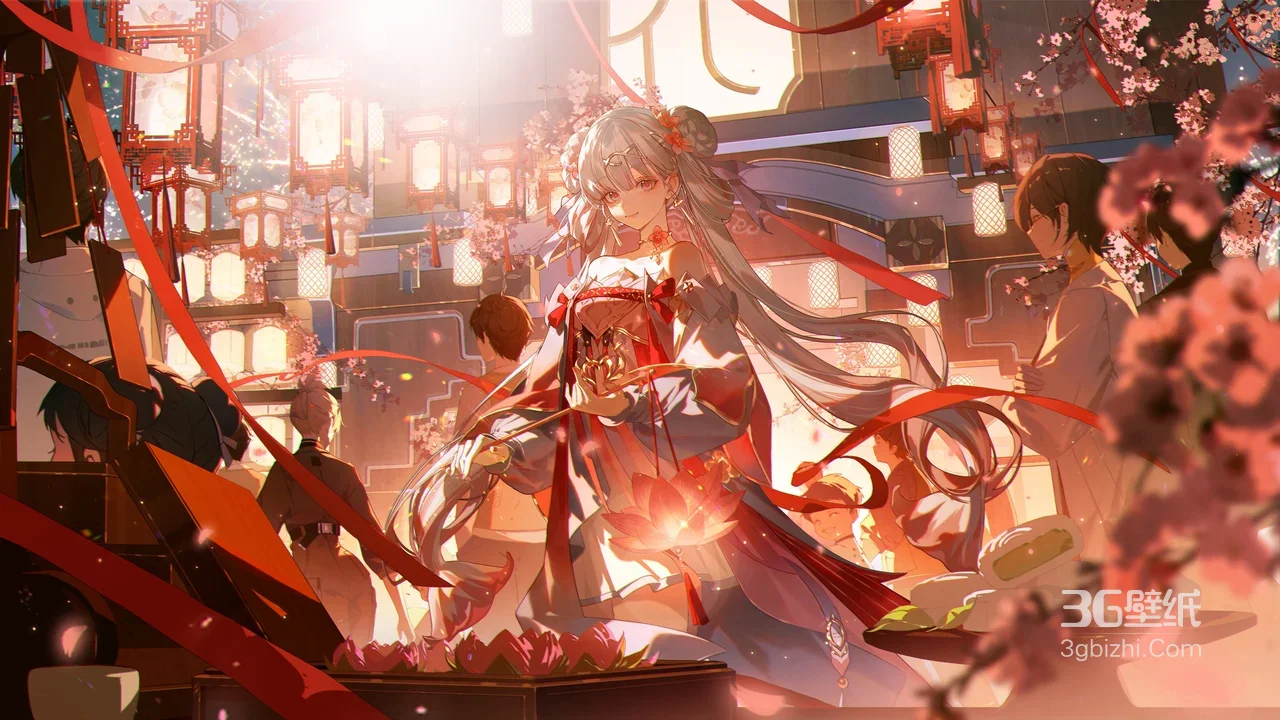 二次元古风汉服少女 樱花灯笼古街 国风壁纸1
