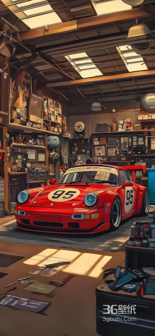 红色95号赛车 车库工作室 赛车改装主题壁纸1