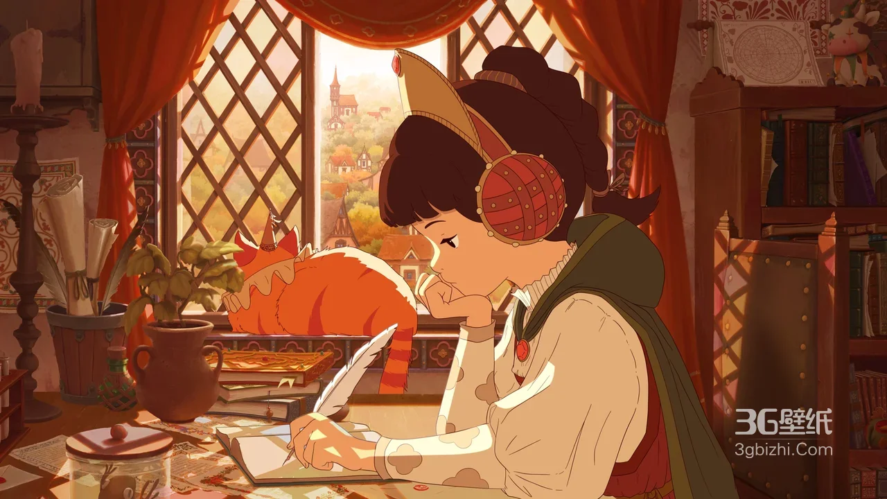 动漫女孩书房写作橘猫 窗边暖光治愈桌面背景1
