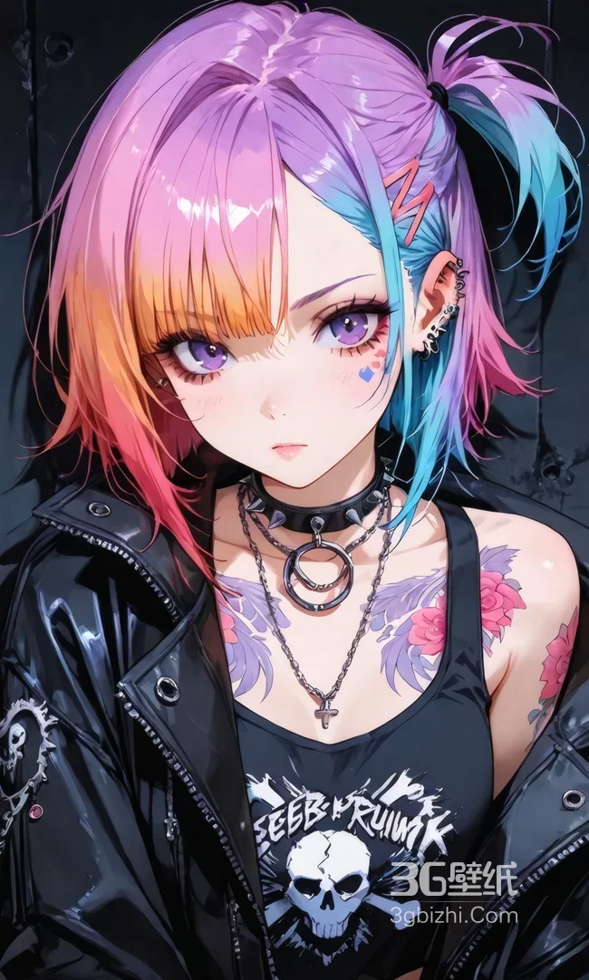 AI朋克彩虹发色少女 纹身皮衣潮流壁纸1