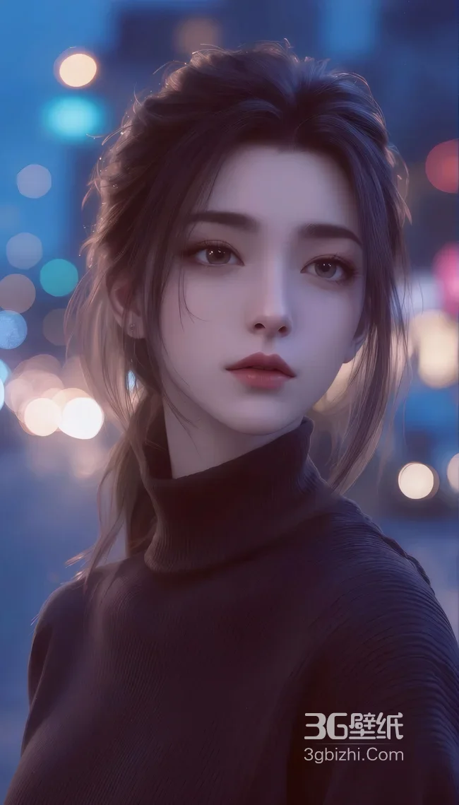 AI都市夜景清冷少女 黑毛衣氛围感女生壁纸1