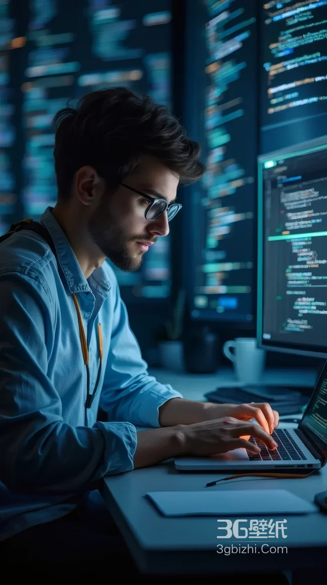程序员专注编程代码界面 科技感蓝调工作场景壁纸1