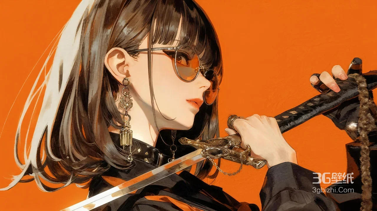 AI绘二次元武士少女 持剑橙底眼镜耳饰壁纸1