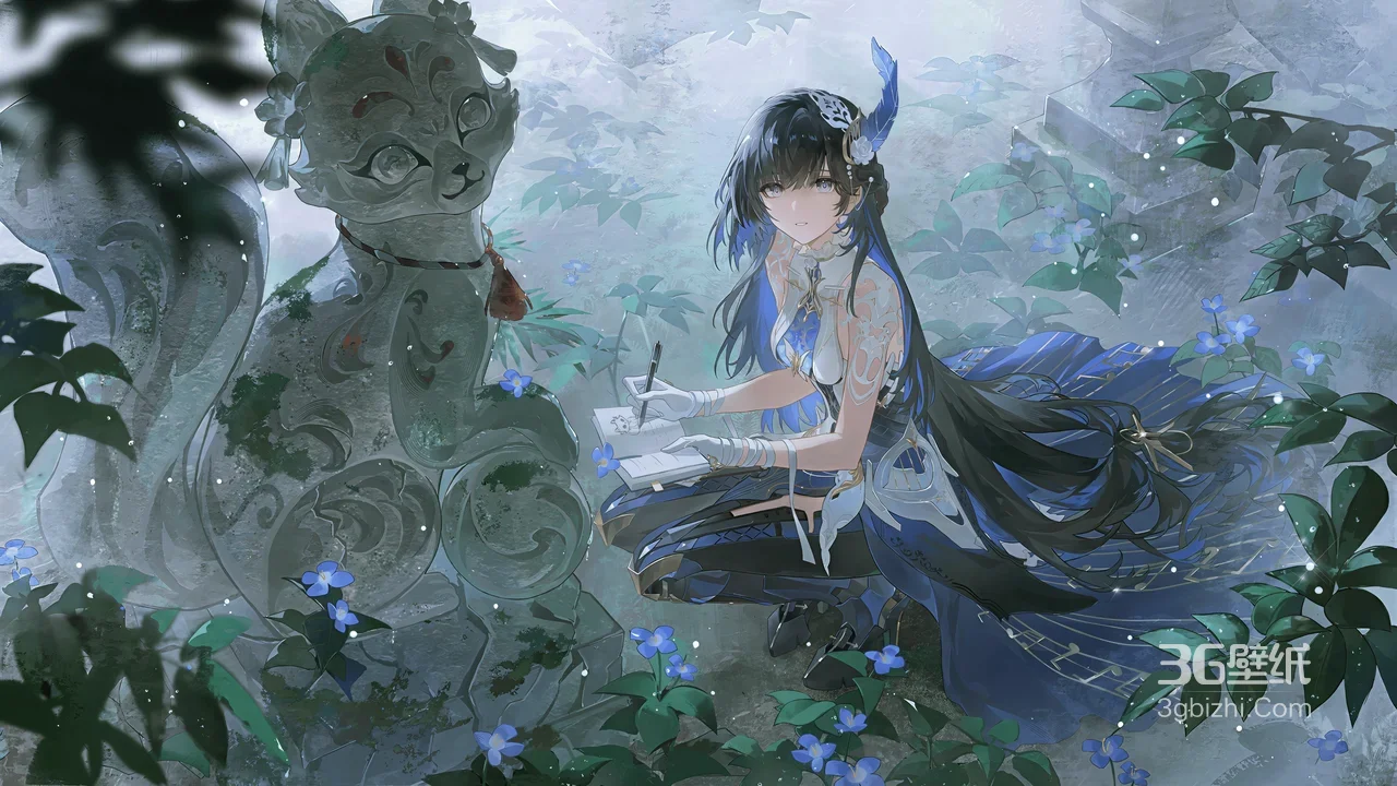 古风蓝裙少女与石猫雕像 森系奇幻壁纸1