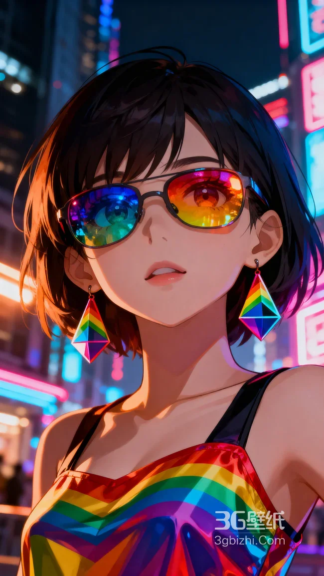 赛博朋克夜景彩虹装动漫女孩 霓虹风AI壁纸1