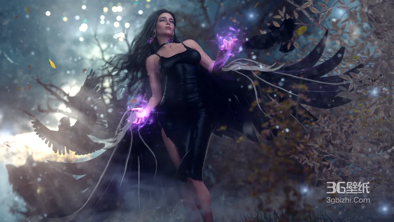 AI魔幻黑衣女巫紫魔法乌鸦森林壁纸1