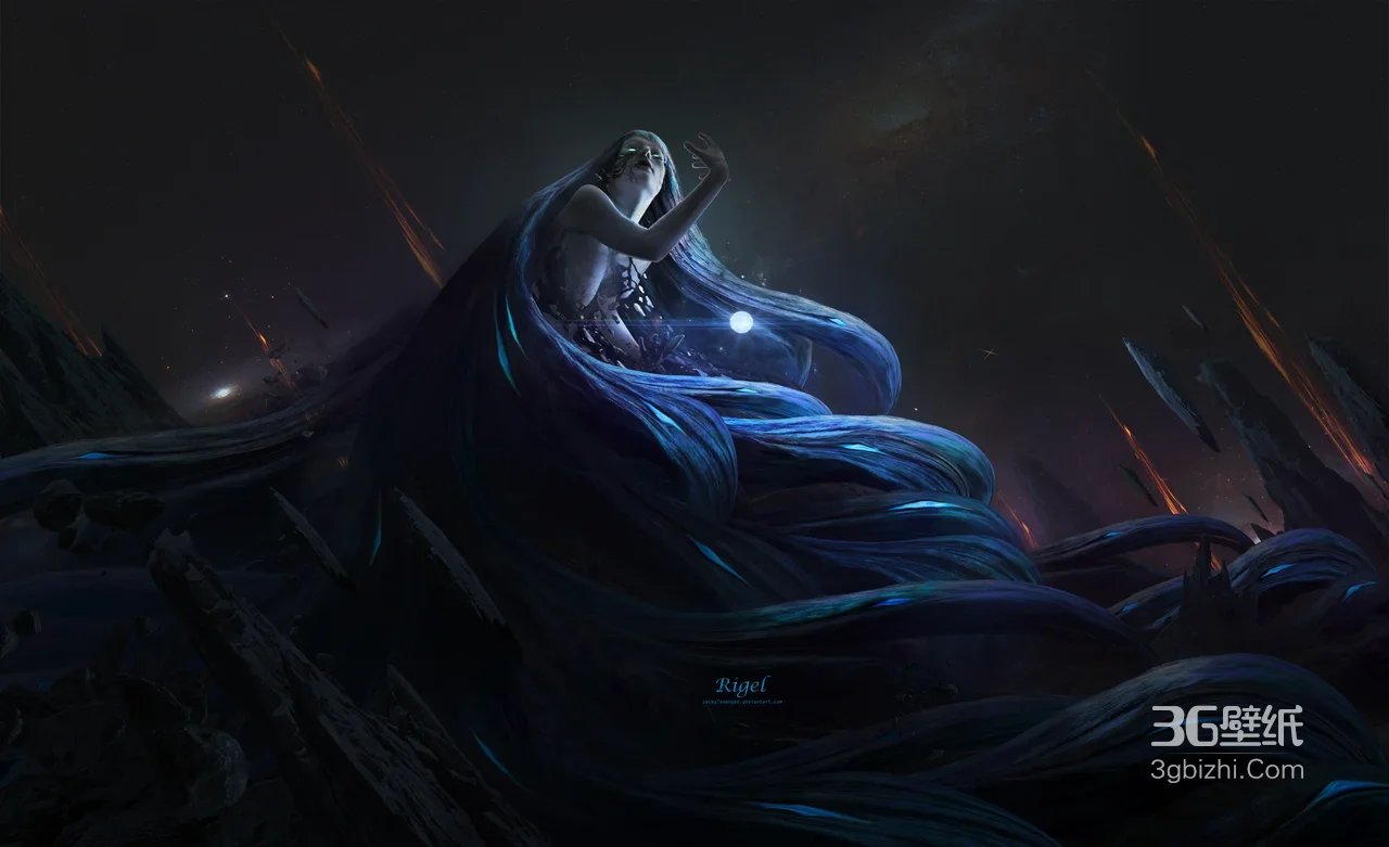 暗黑星空蓝发女神Rigel 奇幻科幻风壁纸1