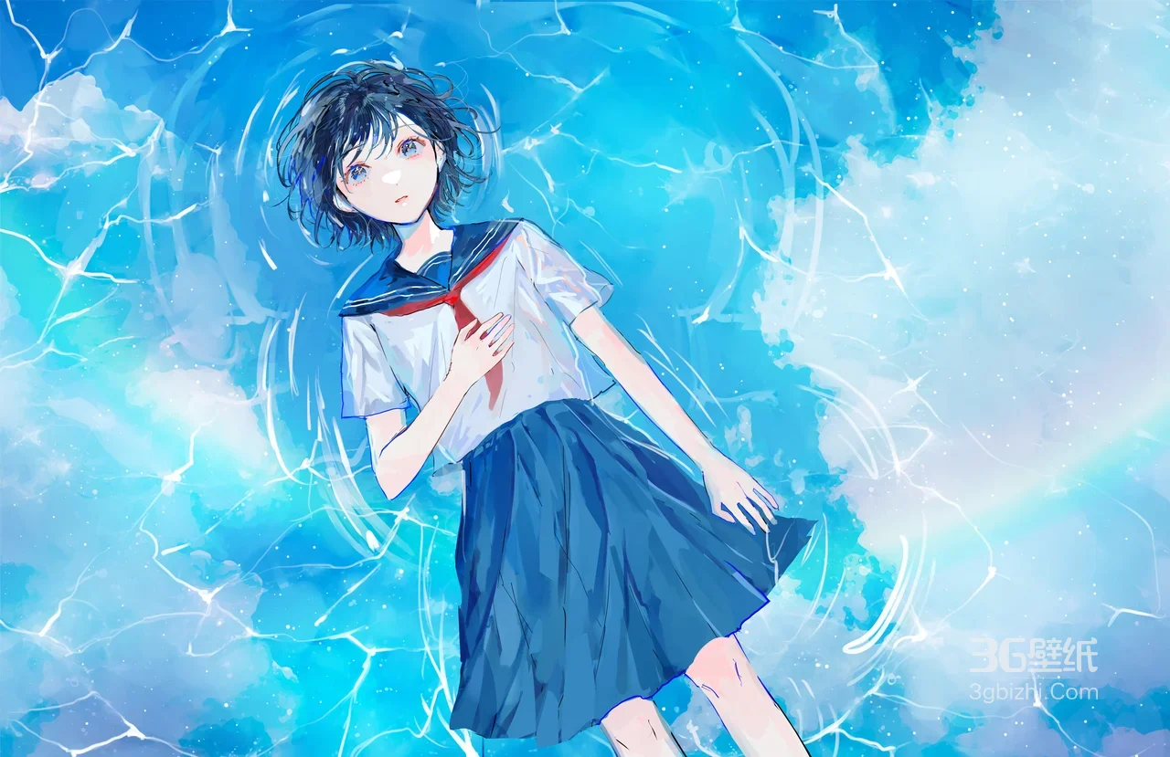 动漫短发水手服少女漂浮蓝色水面壁纸 清新治愈风1