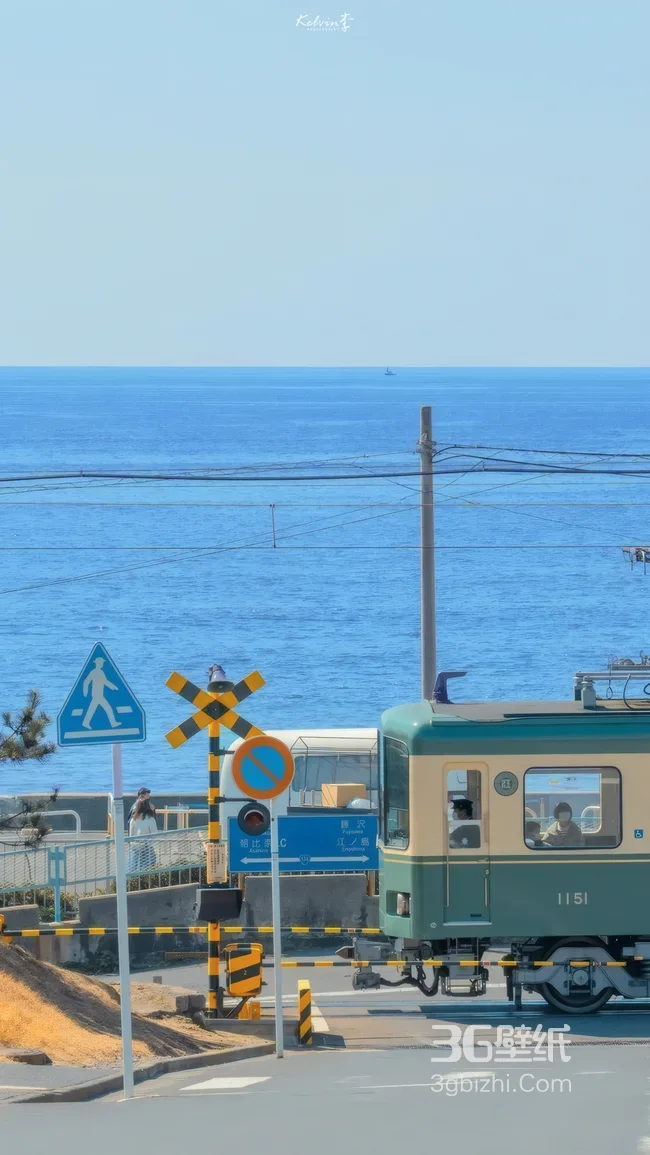 镰仓江之电海边道口风景 日系清新海景壁纸1