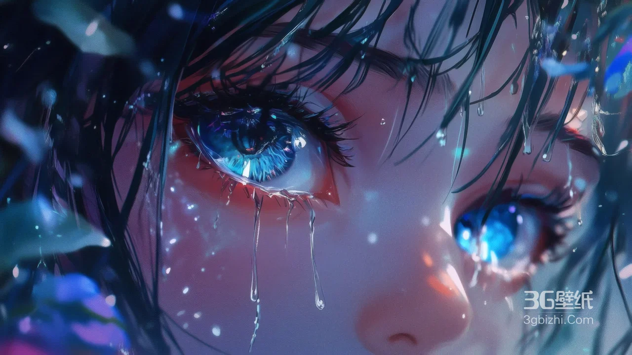 AI动漫泪眼少女蓝眸壁纸 唯美落泪背景1