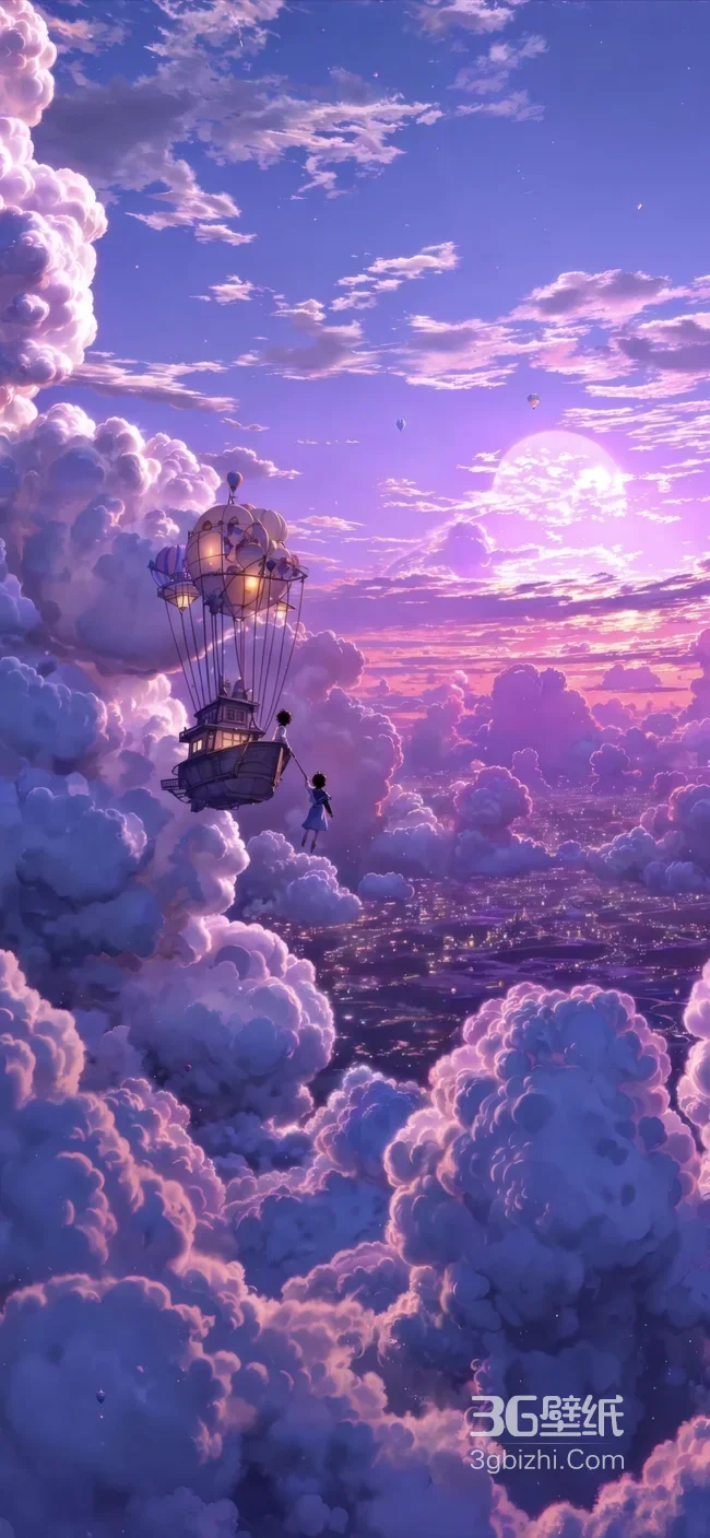 AI绘梦幻云海热气球船 紫粉天空角色冒险壁纸1
