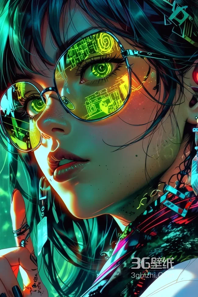 赛博朋克少女荧光绿科技眼镜壁纸 霓虹机械风1