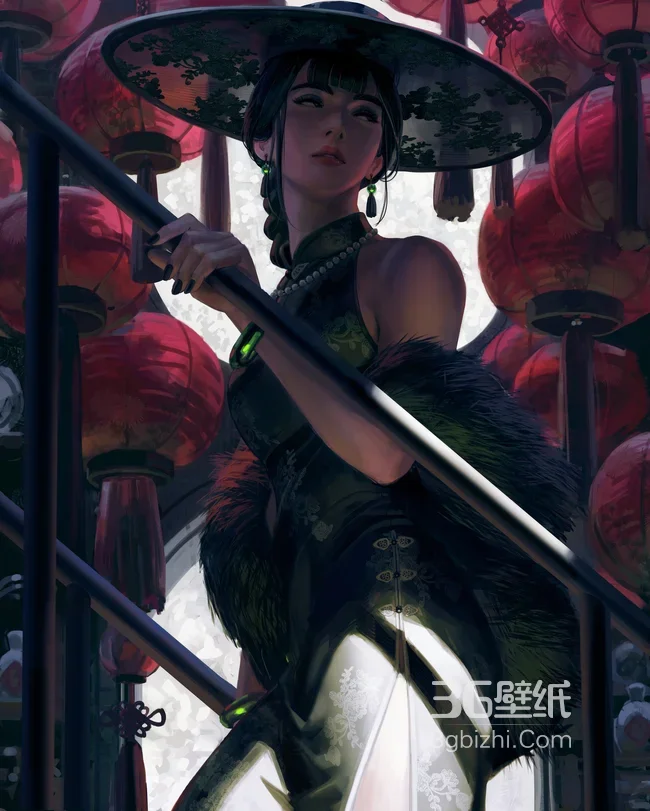 国风旗袍美人 红灯笼环绕 毛领大檐帽古风壁纸-wlop1