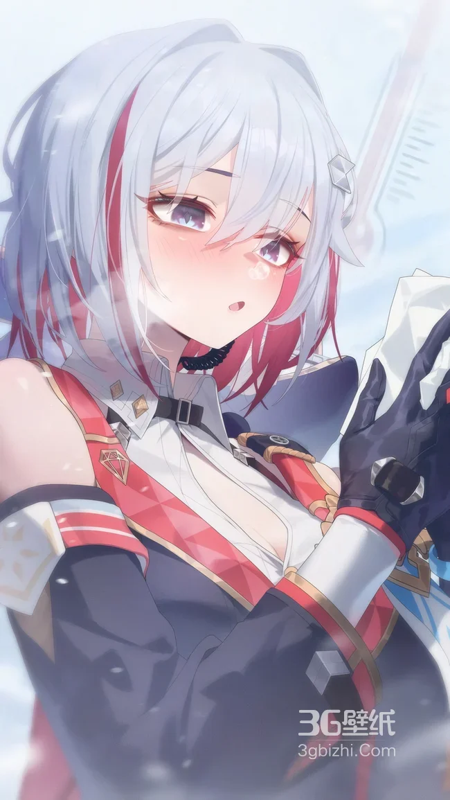 白发红挑染二次元少女 冬日飘雪壁纸1