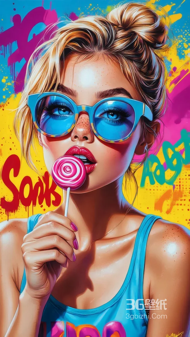 炫彩涂鸦金发少女蓝墨镜棒棒糖潮流壁纸1