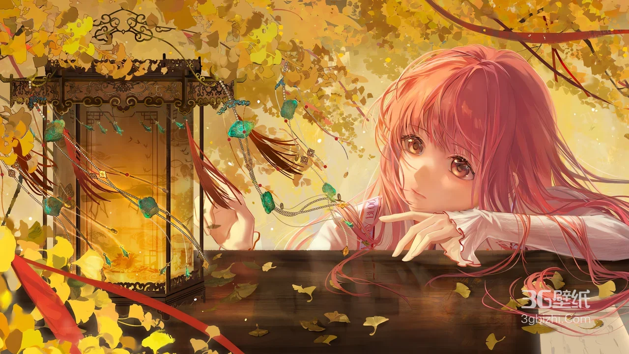 古风粉发少女 银杏灯笼秋日唯美场景壁纸1