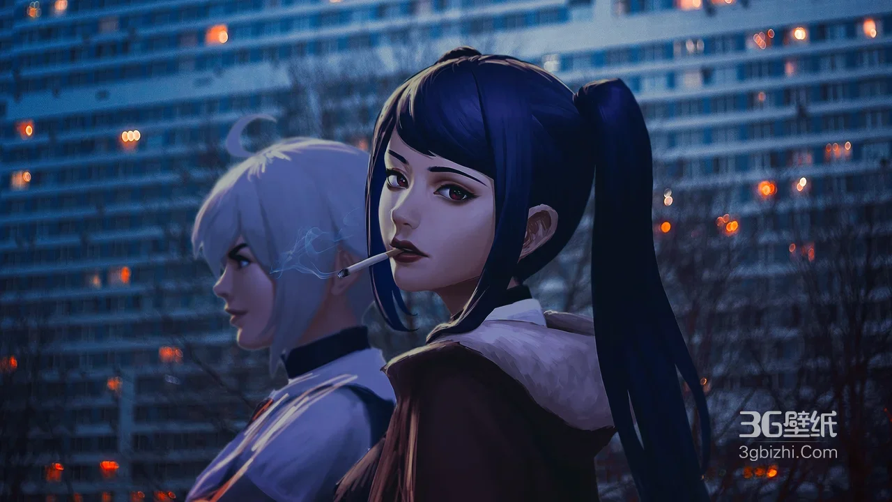 二次元蓝发抽烟少女 白发同伴 都市夜景高楼壁纸1