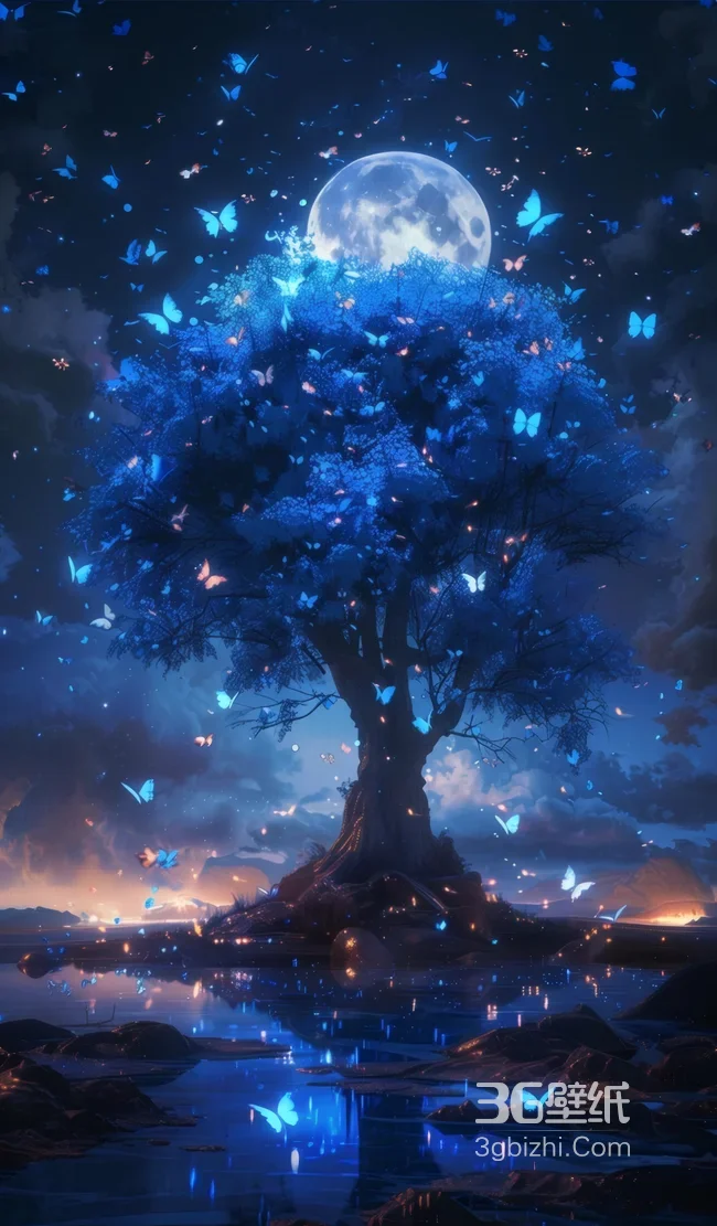 月夜蓝树蝴蝶梦幻夜景壁纸 星空意境背景1